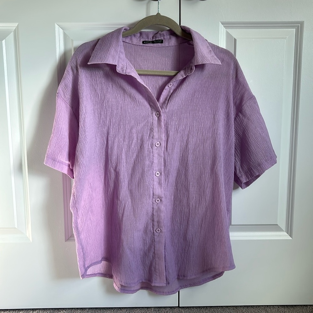 Semi-Sheer Textured Light Purple Button Up Tee Shirt
